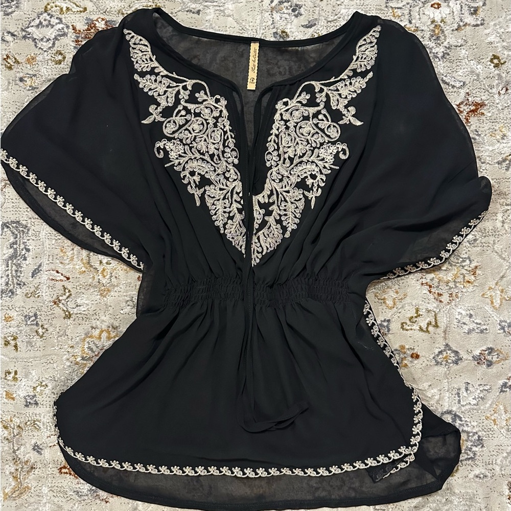 Chic Black Blouse with White Embroidery